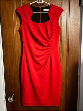 Calvin Klein Vibrant Red Ruched Midi Dress